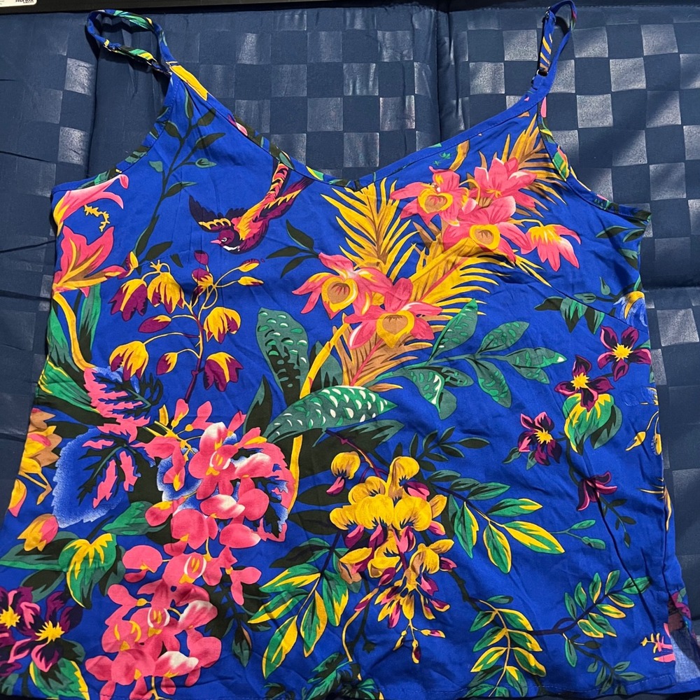 Cynthia Rowley Cami Tank Top Womens XS Blue Tropical Floral Bird NWT New
